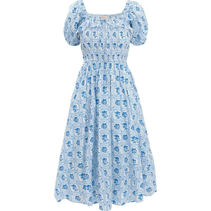 Mae Dress in Blue Floral Stamp