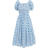 Mae Dress in Blue Floral Stamp