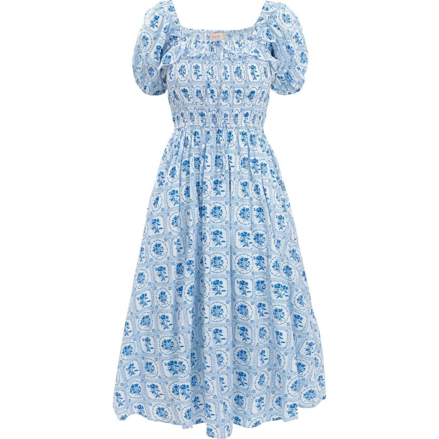 Mae Dress in Blue Floral Stamp
