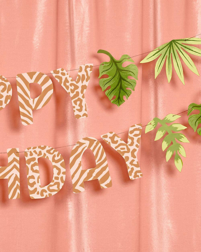 Safari Birthday Banner - animal print + leaf icons