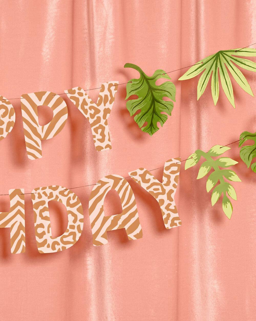 Safari Birthday Banner - animal print + leaf icons