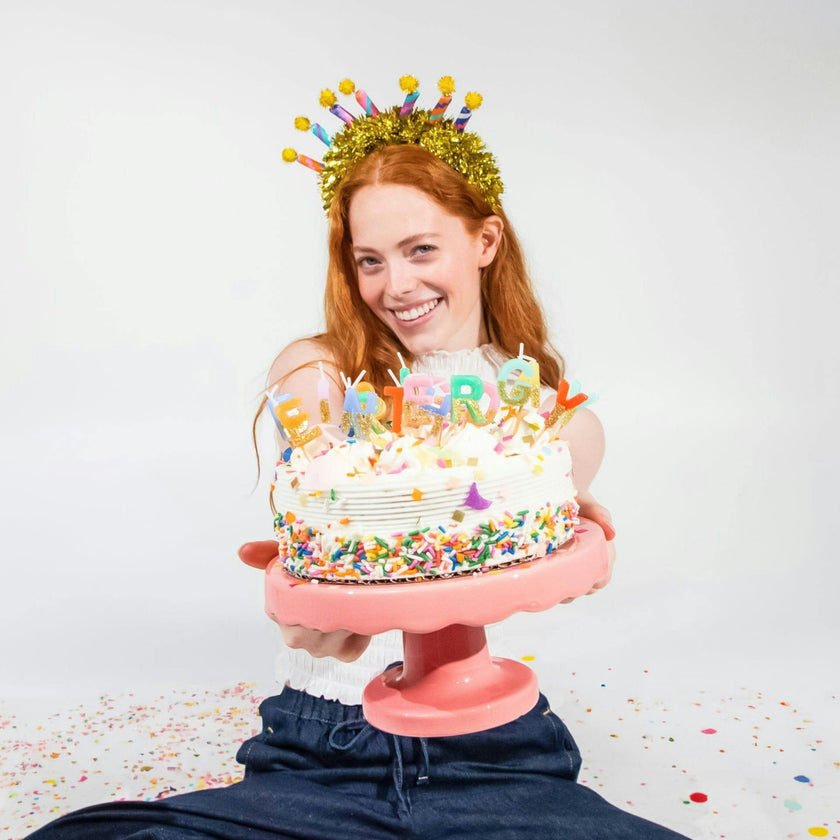 Packed Party Big Birthday Energy Glitter Letter Candle Set - Multicolor Rainbow Alphabet Candles with Gold Glitter Trim, Spell-Out Cake Candles in Gift Box