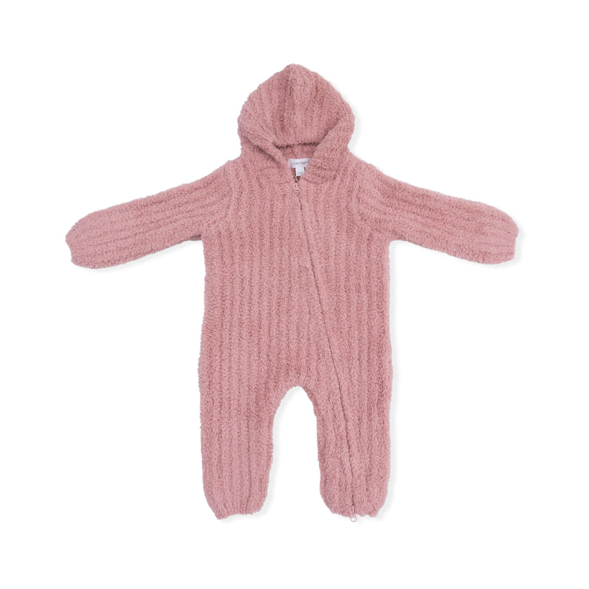 Chenille - Rose Hooded Romper with Striped Texture