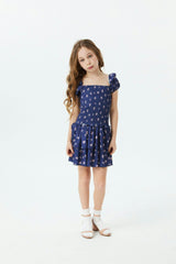 Lexi Rose Bow Navy Satin Smocked Short Sleeve Ruffle Dress