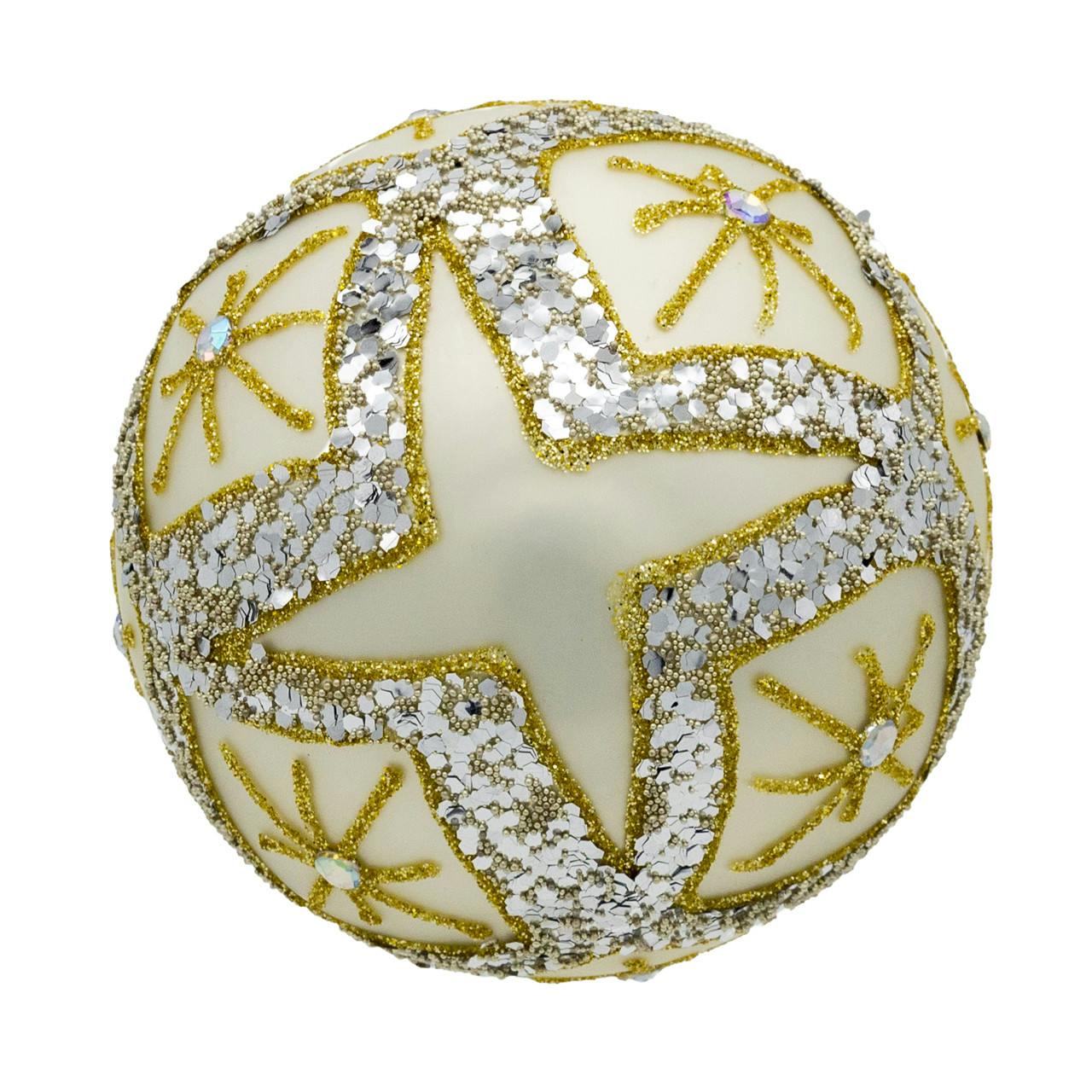 Kurt Adler 80MM Glass Silver Balls With Gold & Silver Criss-Cross Glitter Design Set, 6-Pieces