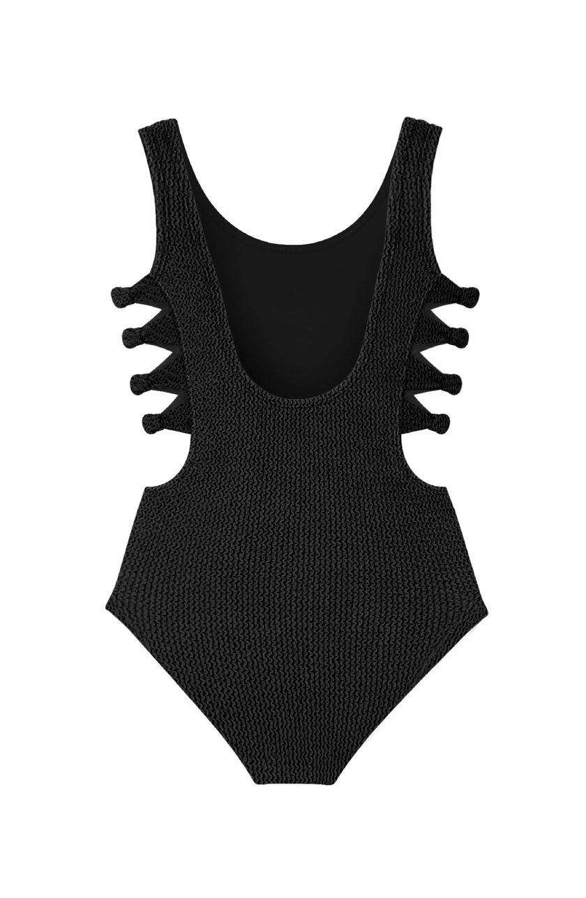 Layla Crinkle Black Bow Side Cutout One Piece Swimsuit - Juniors