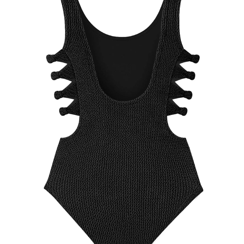 Layla Crinkle Black Bow Side Cutout One Piece Swimsuit - Juniors