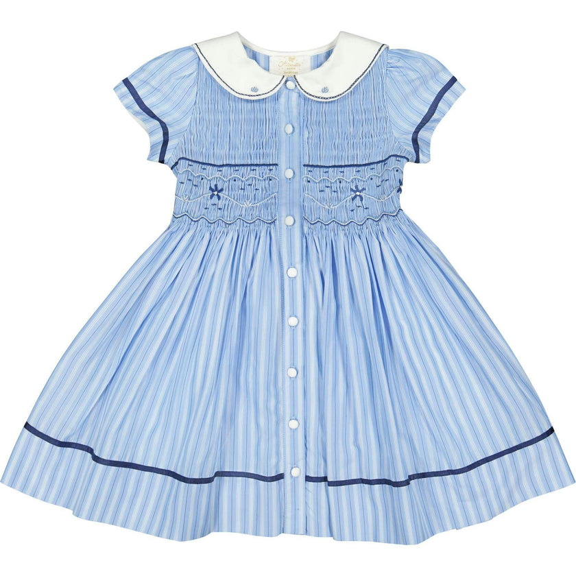 Riviera Blue Stripe Short Sleeve Smocked Dress