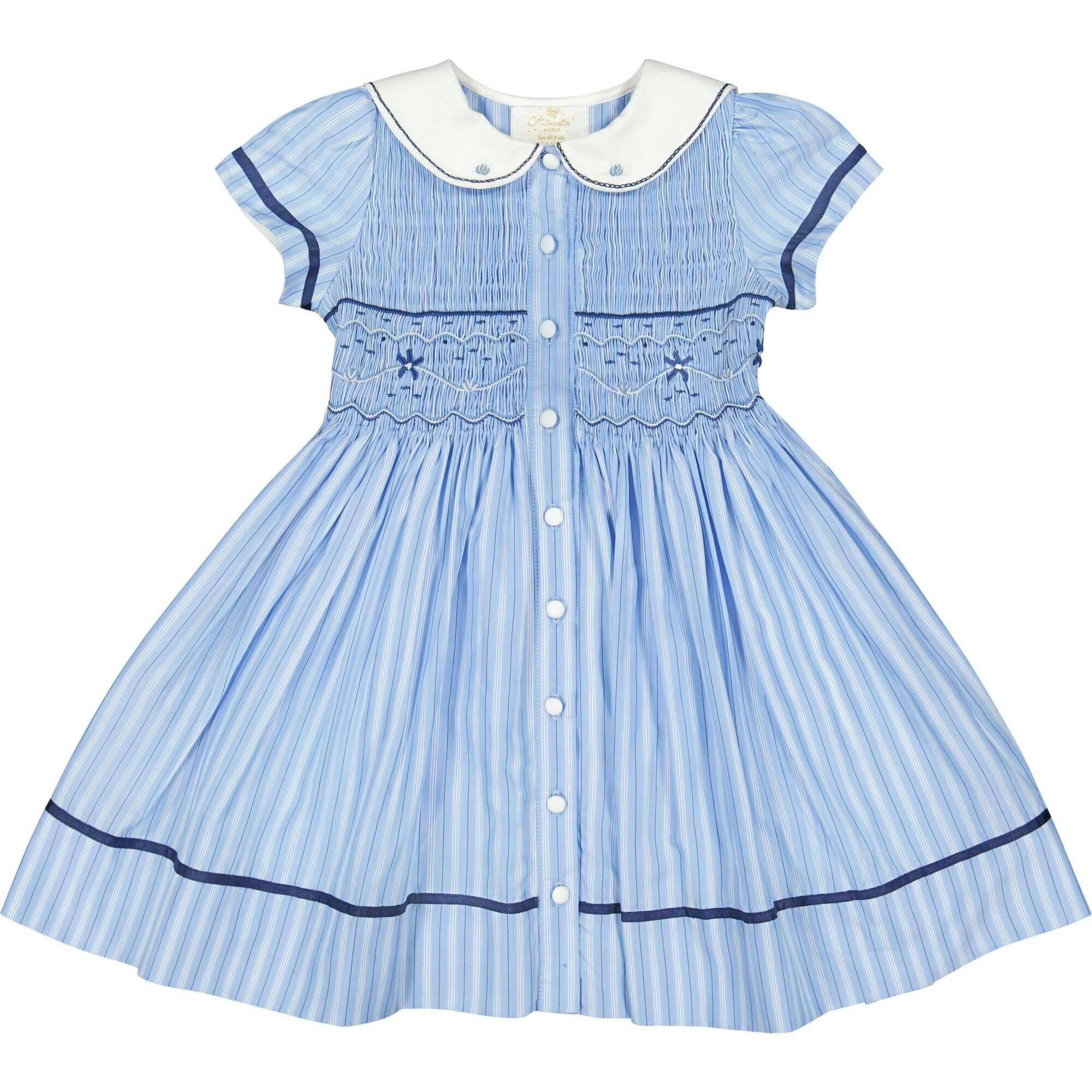 Riviera Blue Stripe Short Sleeve Smocked Dress