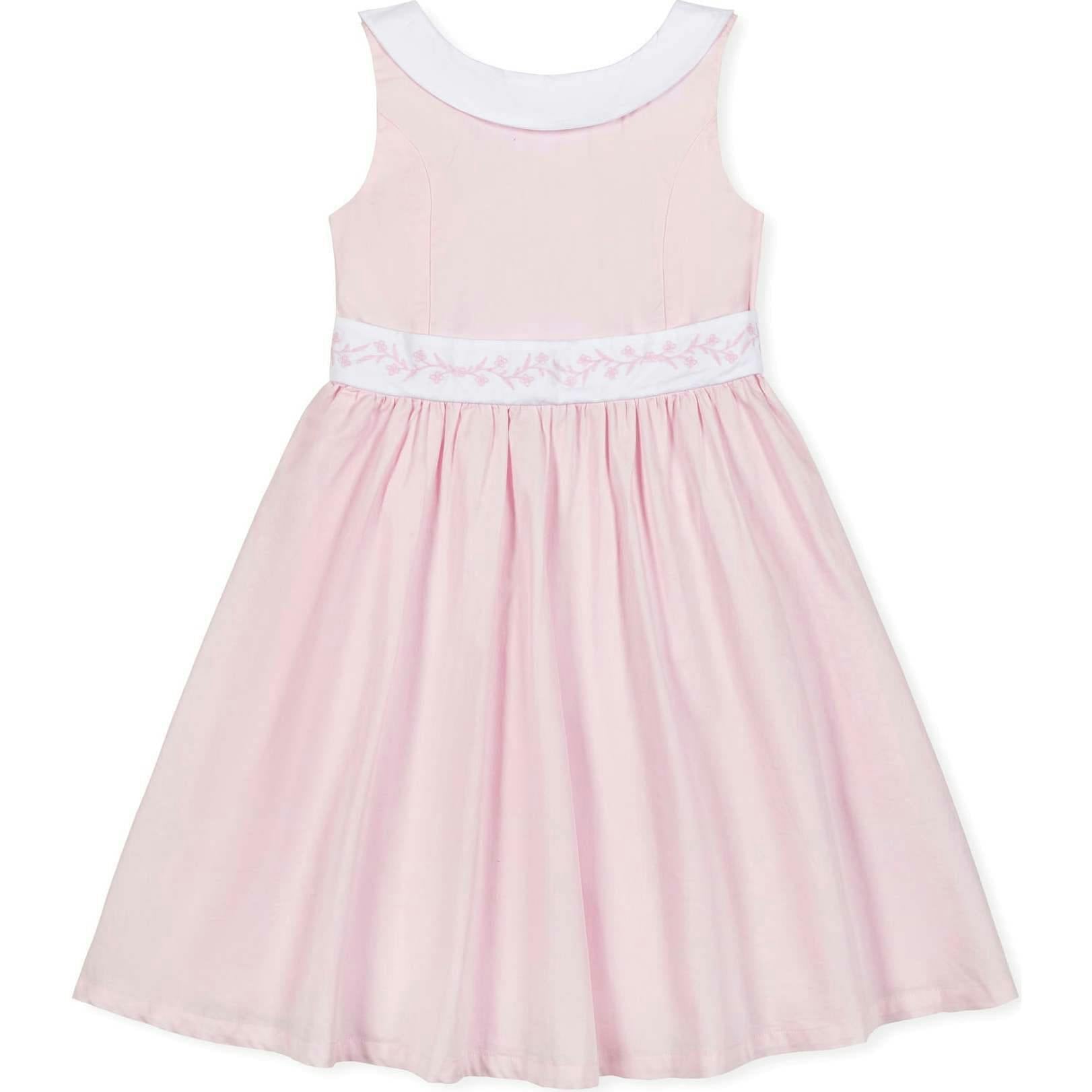 Organic Round Collar Sateen Party Dress with Embroidered Sash