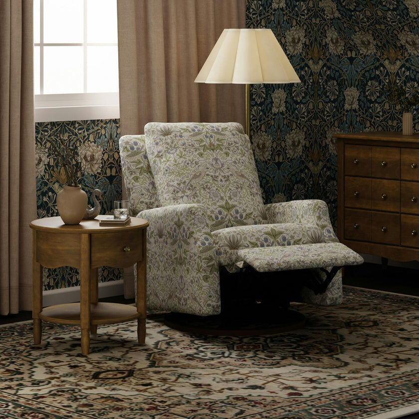Morris & Co. x Namesake Crewe Recliner and Swivel Glider in Strawberry Thief in Fig & Thyme Performance Eco-Weave with Dark Wood Base