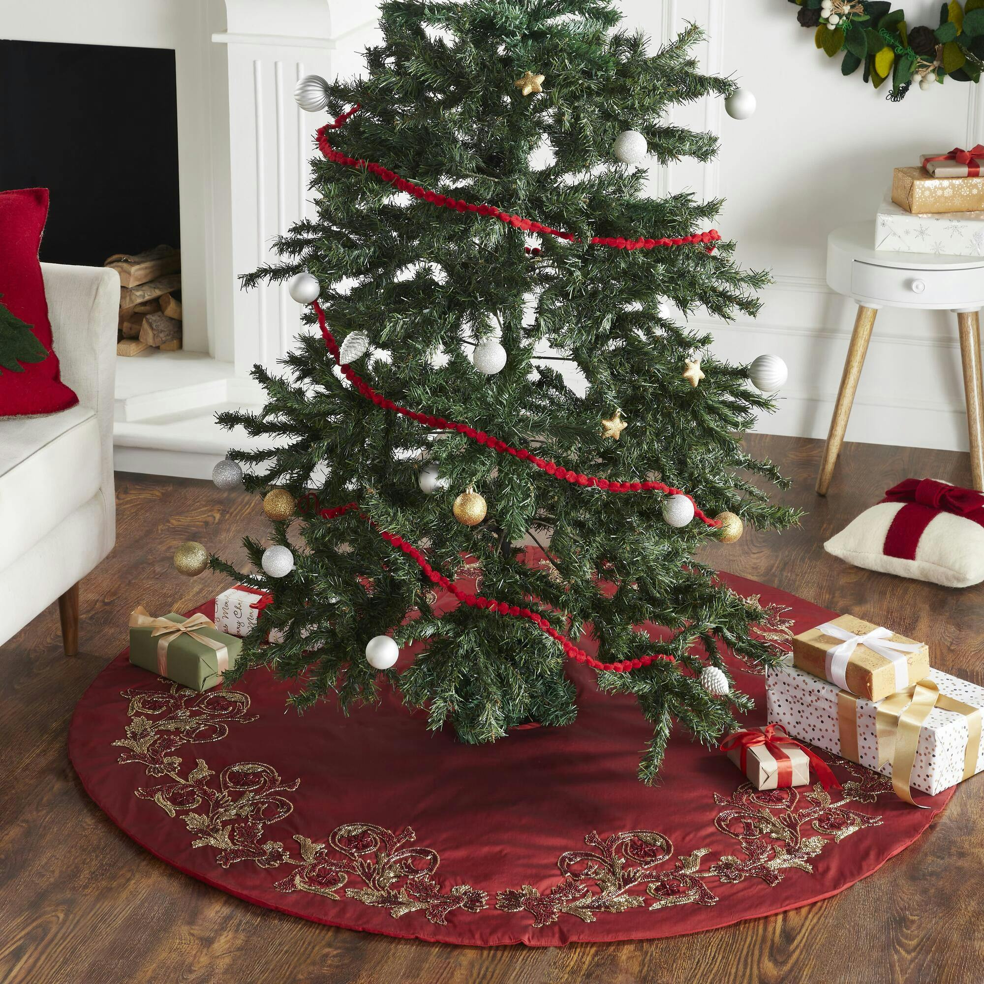 Imperial Design Hand Beaded Christmas Tree Skirt on Red- Large - 60