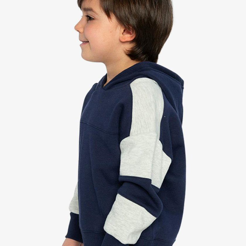 Hooded Striped Fleece Cardigan Dark Blue and Beige