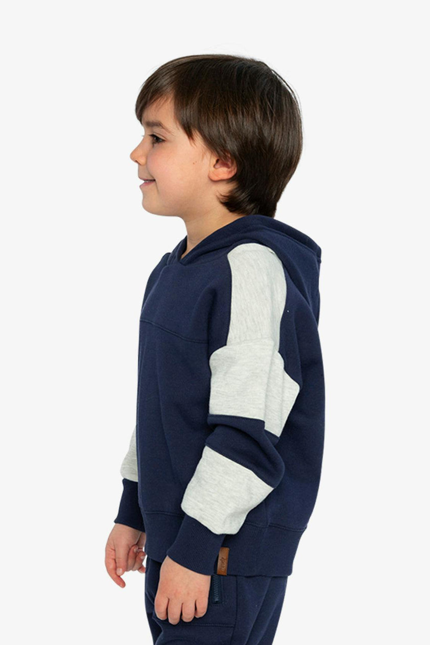 Hooded Striped Fleece Cardigan Dark Blue and Beige