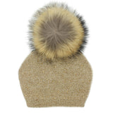 Sewn Knit Wool Hat With Faux Fur Pom, Navy