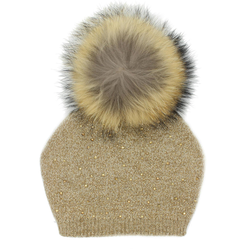 Sewn Knit Wool Hat With Faux Fur Pom, Navy