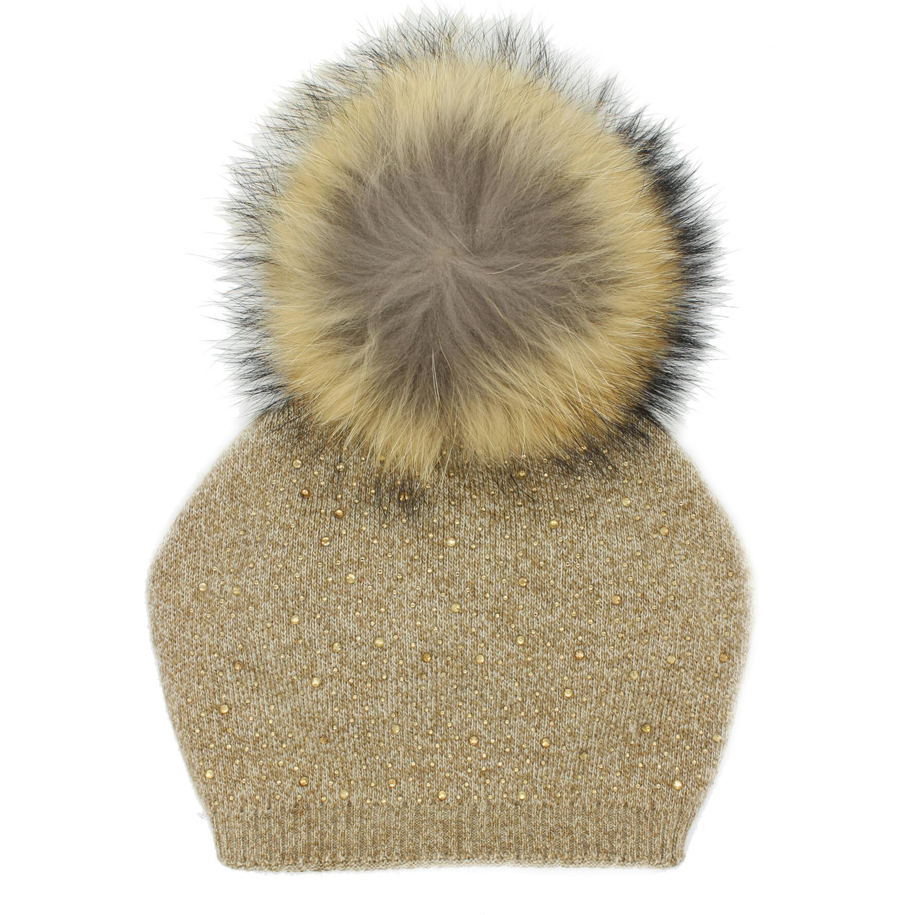 Sewn Knit Wool Hat With Faux Fur Pom, Navy