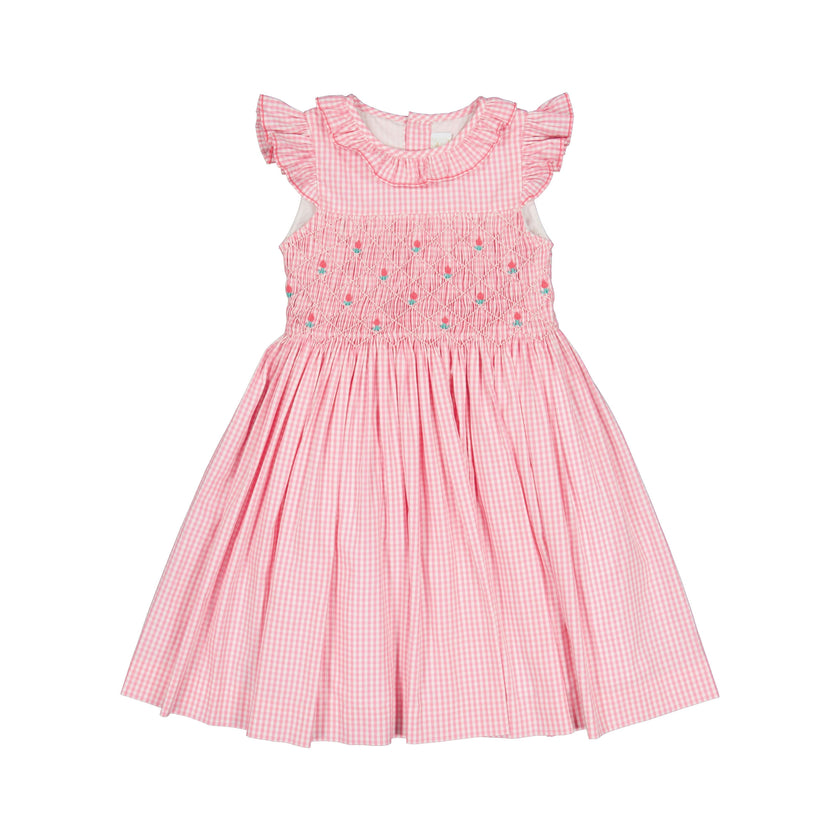Tulip Pink Gingham Frilled Cap Sleeve Smocked Dress