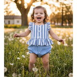 Blue Nautical Stripe Peplum Bubble Romper, Blue
