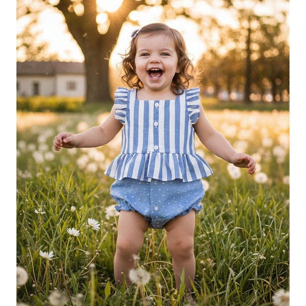 Blue Nautical Stripe Peplum Bubble Romper, Blue
