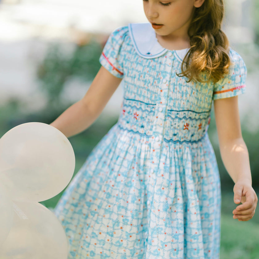 Riviera Blue Floral Short Sleeve Smocked Dress
