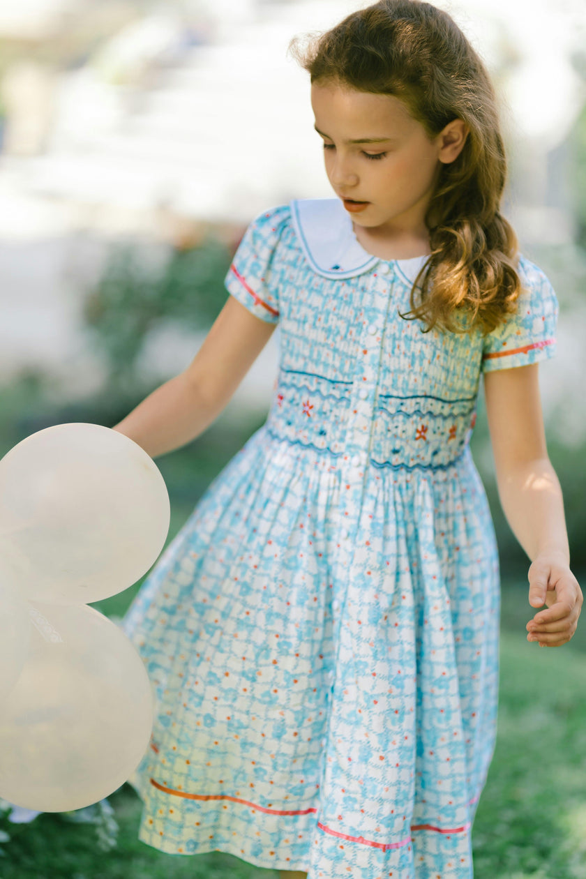 Riviera Blue Floral Short Sleeve Smocked Dress