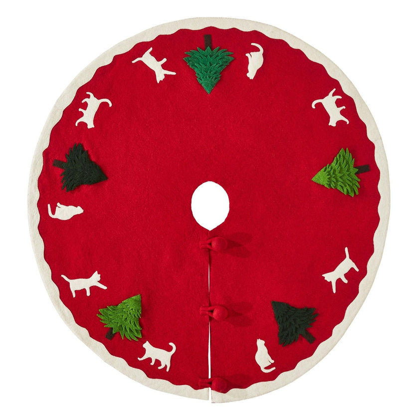 Cats and Green Trees Hand-Felted Christmas Tree Skirt - 60"