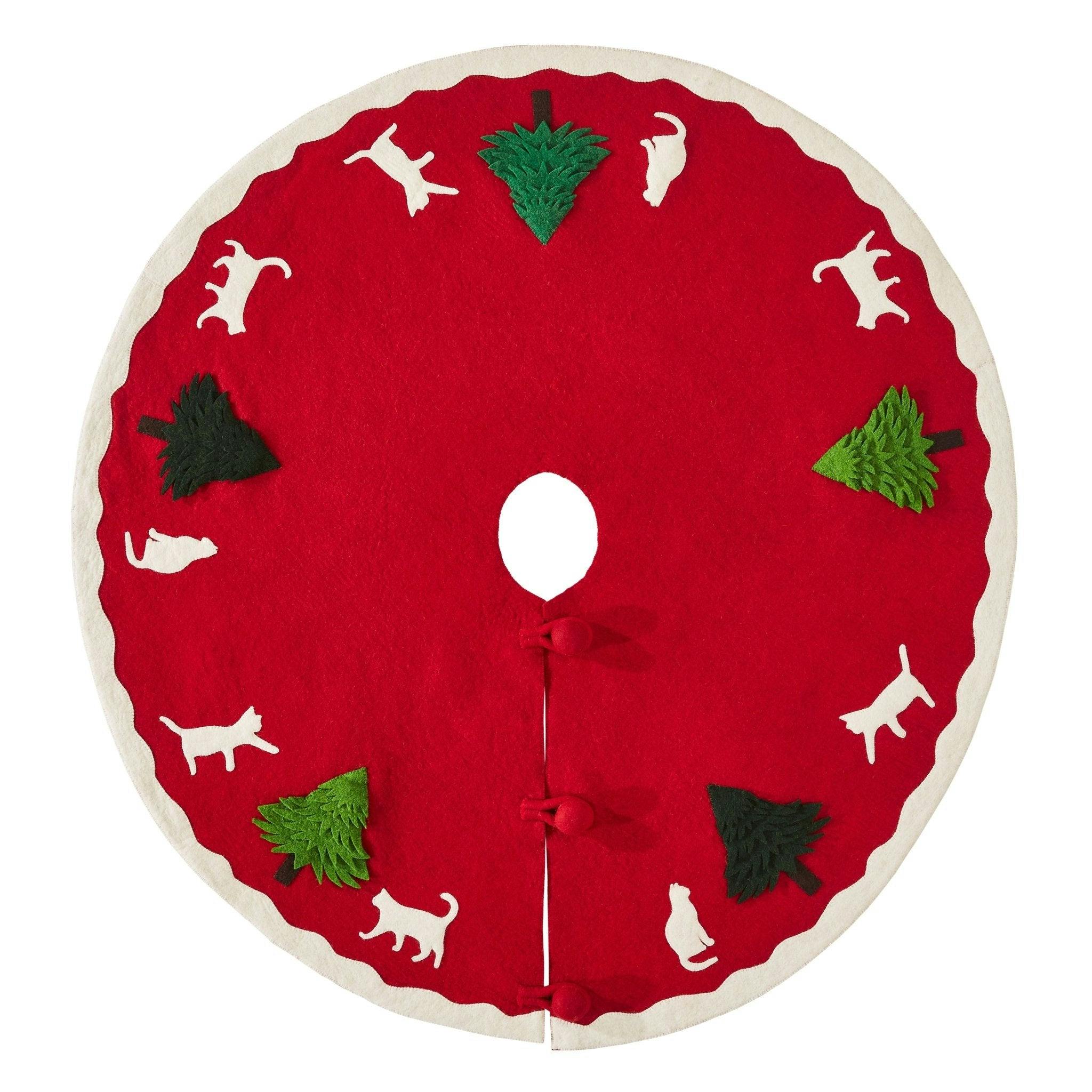 Cats and Green Trees Hand-Felted Christmas Tree Skirt - 60