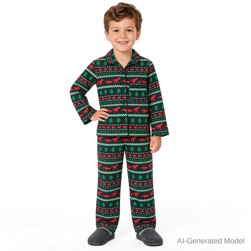 Boys Buttondown Pajama Set | Holiday Dinos
