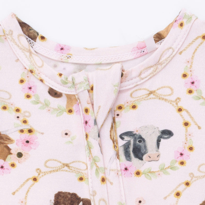 Farm Animals Floral Cameos Pink - 2 Way Ruffle Back Zipper Footie