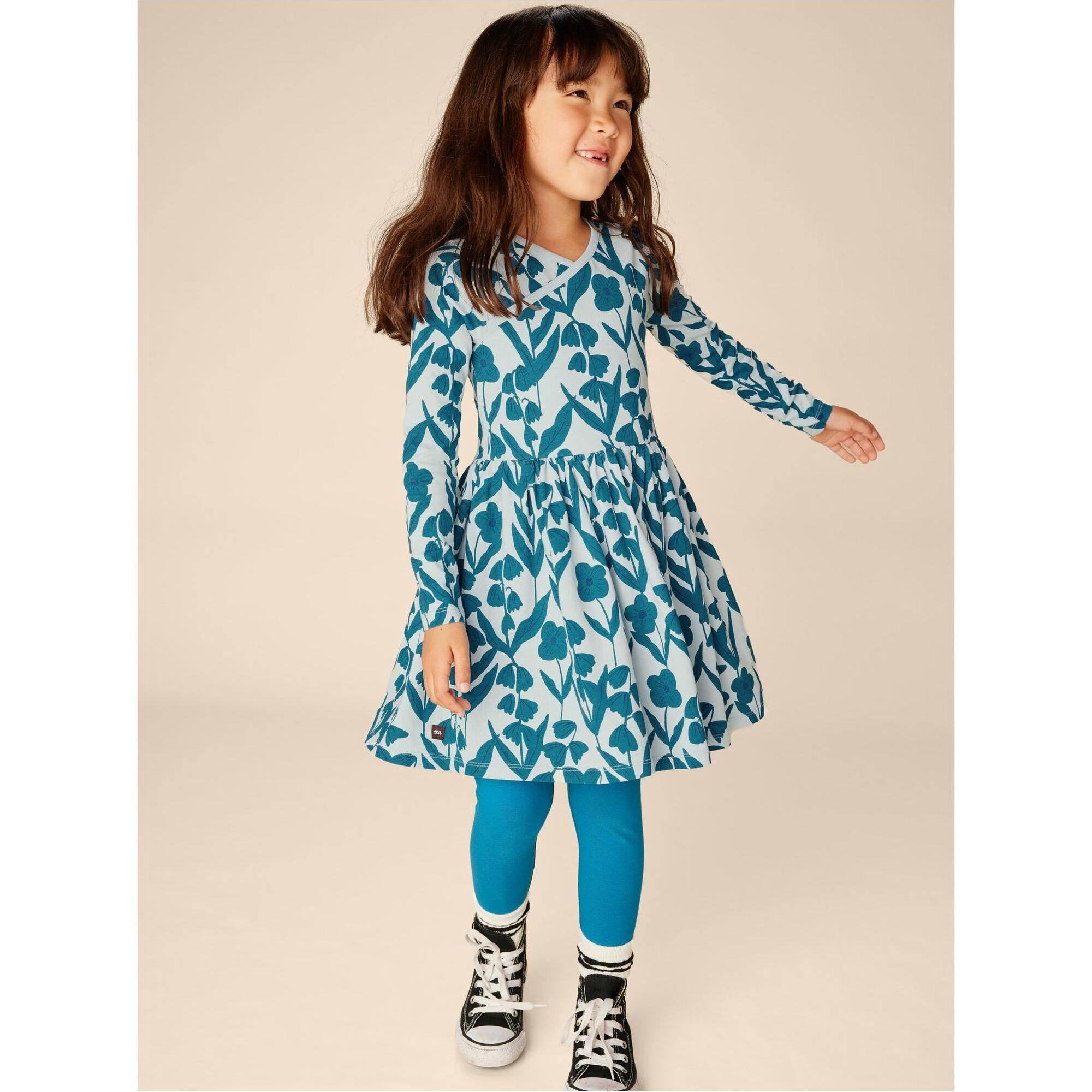 Floral Print Empire Waist Long Sleeve Wrap Neck Dress, Multi