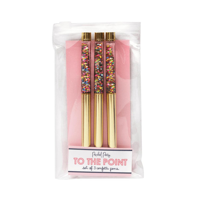 Packed Party To the Point Confetti Floating Ballpoint Pens Set of 3 - Refillable Retractable Gold Pens with Floating Confetti Tops and Smooth Black Ink
