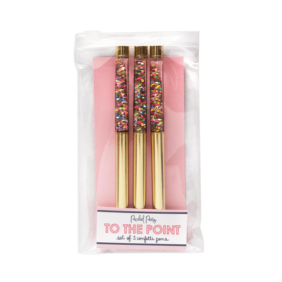 Packed Party To the Point Confetti Floating Ballpoint Pens Set of 3 - Refillable Retractable Gold Pens with Floating Confetti Tops and Smooth Black Ink
