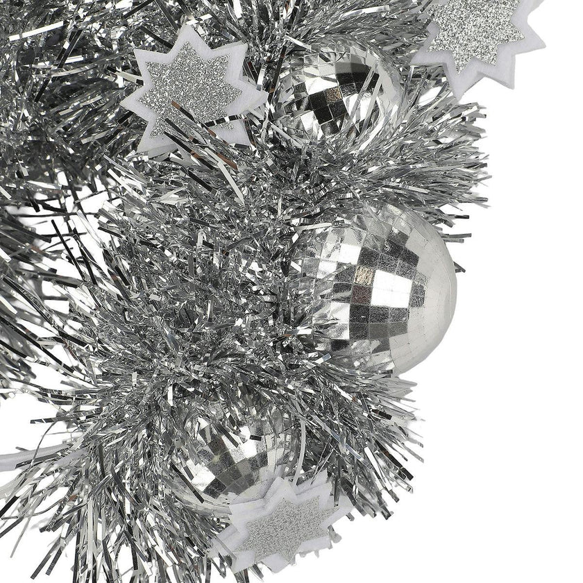 Packed Party Disco Ball Novelty Headband - Silver Tinsel Satin Headband with Multi-Size Disco Balls and Silver Glitter Stars, One Size Fits All
