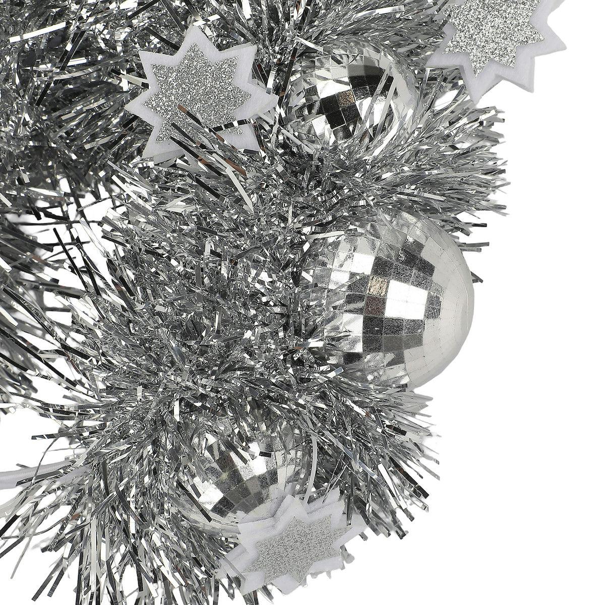 Packed Party Disco Ball Novelty Headband - Silver Tinsel Satin Headband with Multi-Size Disco Balls and Silver Glitter Stars, One Size Fits All