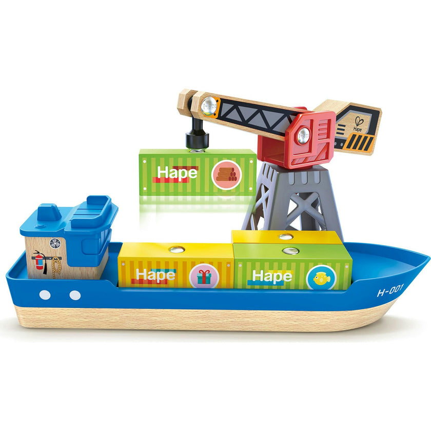 Hape: Cargo Ship & - 6 pc Train Playset
