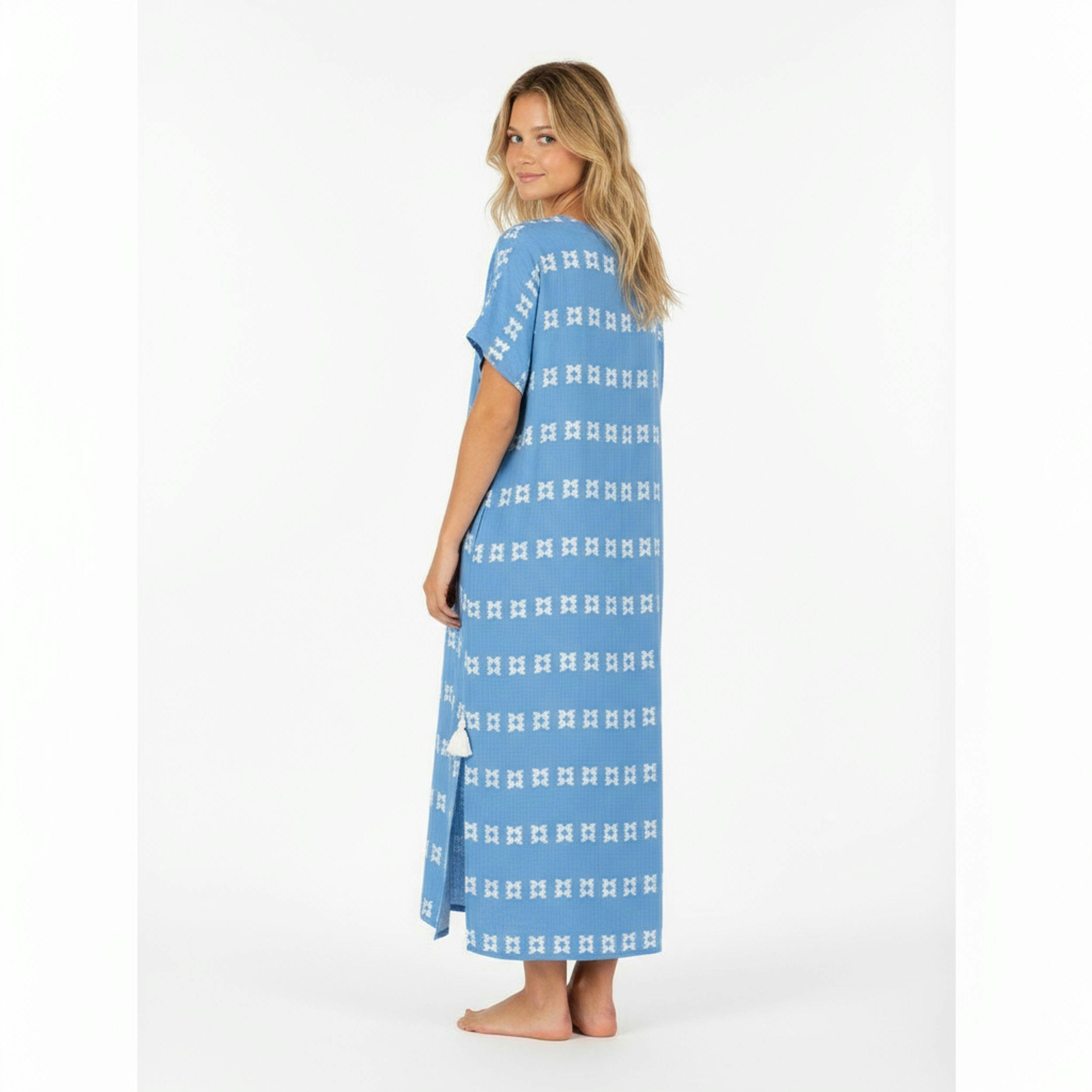 Capucine Maxi Womens Caftan Sky White Embroidery, Sky Blue