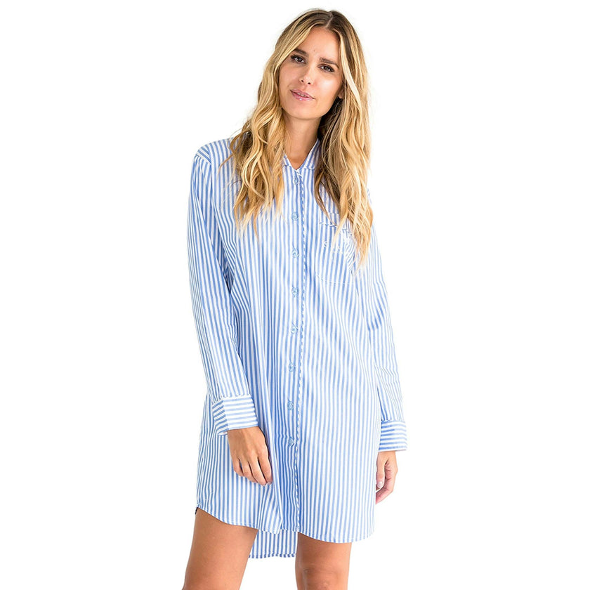 Women's Braddock Classic Night Shirt - Blue Stripe Organic Cotton Poplin