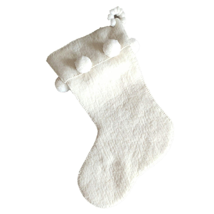 Cream Pom Pom Christmas Stocking Hand Felted Wool