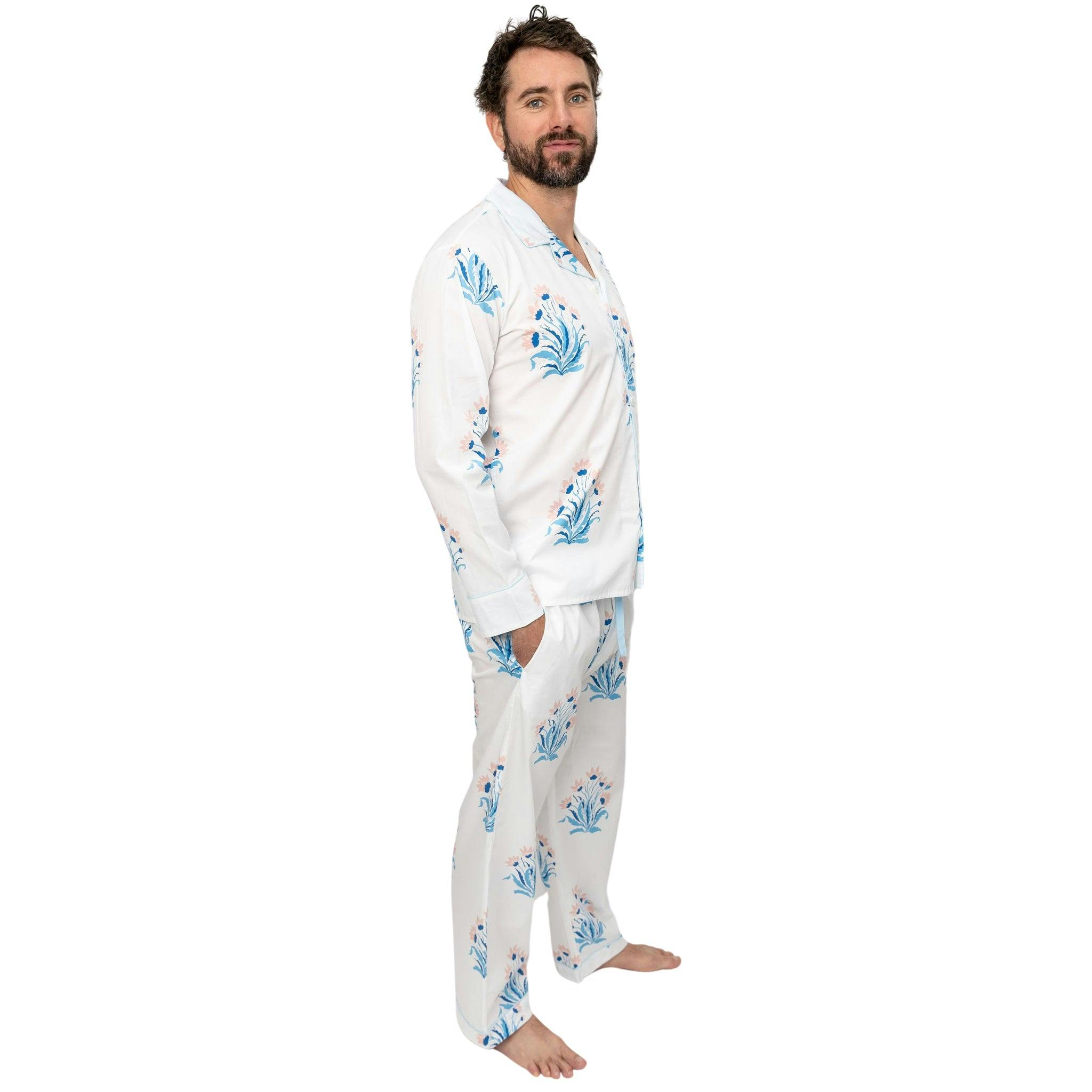 Men's Nathan Turner Hillhouse Long PJ Set - Blue Pink Organic Cotton Poplin