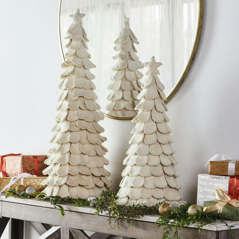 Pair of Handmade Cream Tabletop Christmas Trees Hand Felted Wool- XL- 26" and 36"