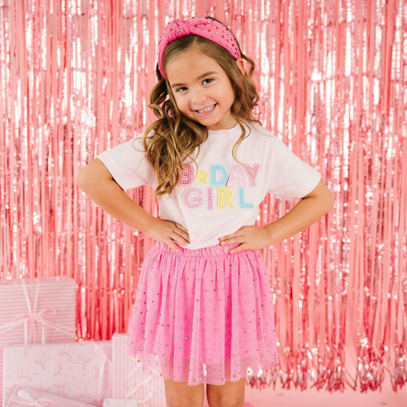 Birthday Girl Rhinestone Patch Short Sleeve T-Shirt - Ballet