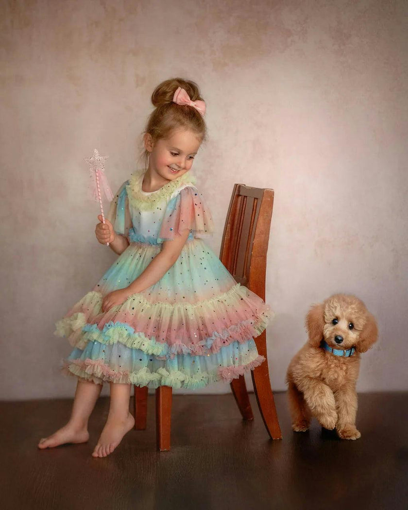 Pastel Stardust Layered Tulle Birthday Dress for Girls