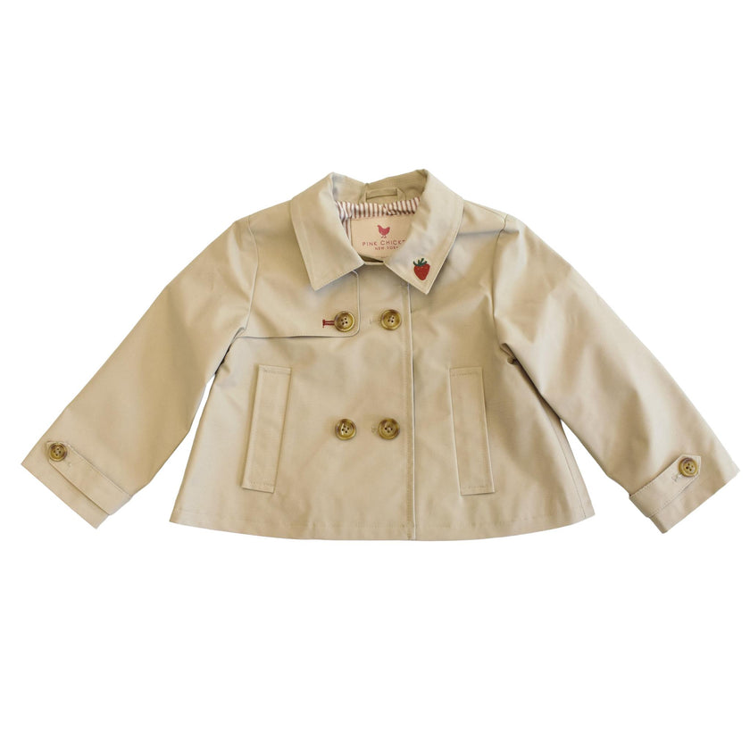Girls Ramie Crop Trench - Strawberry Embroidery