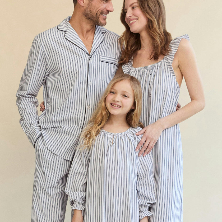 Girl's Twill Delphine Nightgown in Navy French Ticking