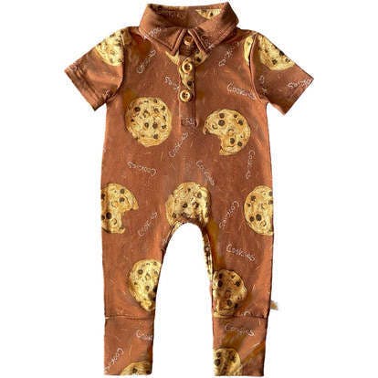 Chocolate Chip Cookies Short Sleeve Collared Romper