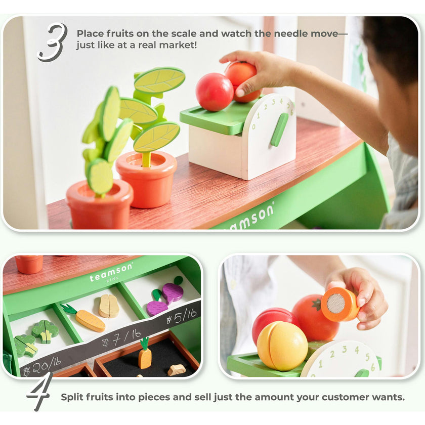Teamson Kids Vermont Farmers Market Stand with Interactive Accessories & Vegetables