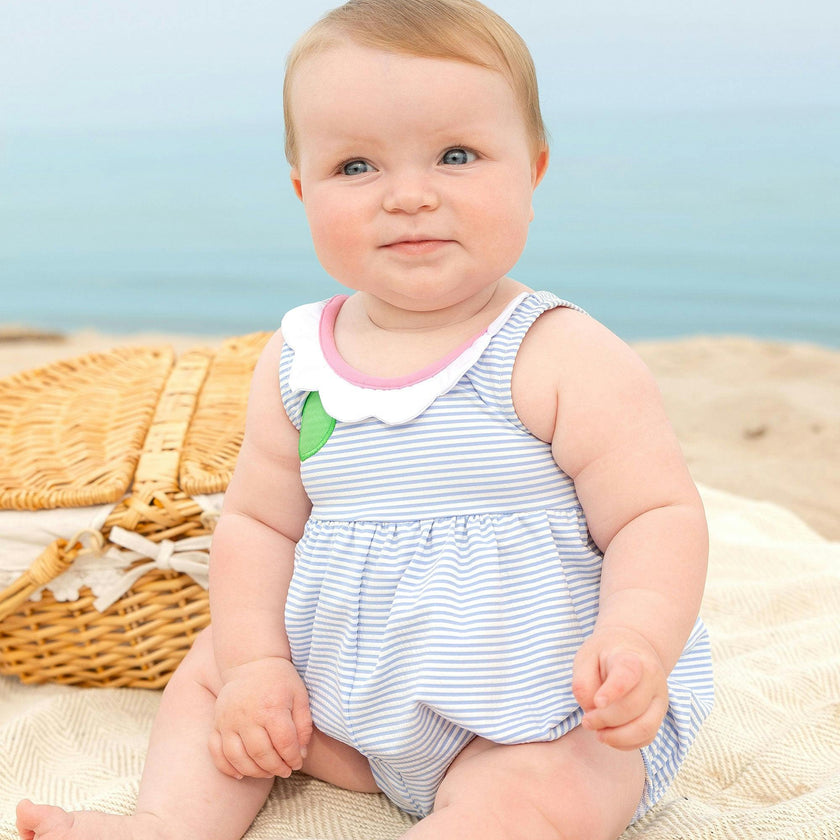 Seersucker Bubble Swimsuit With Petal Neck