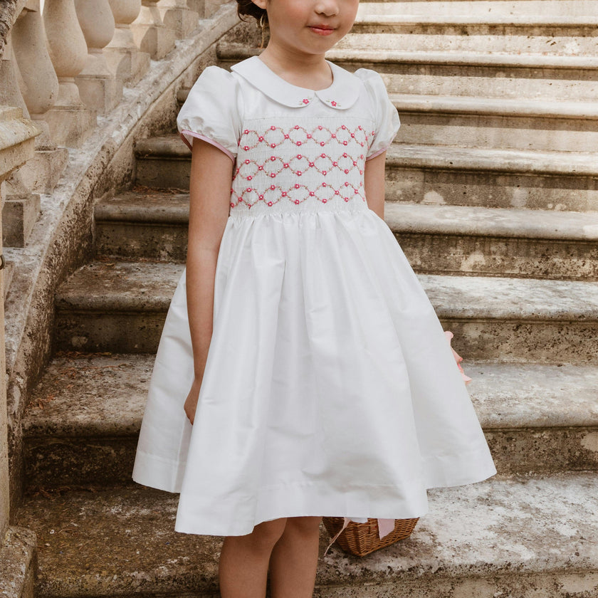 Bagatelle White/Pink Silk Handmade Smocked Dress