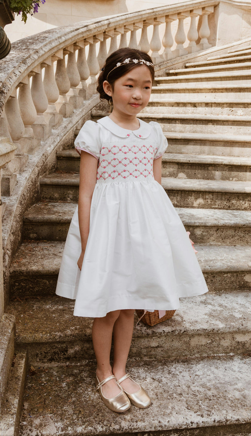 Bagatelle White/Pink Silk Handmade Smocked Dress